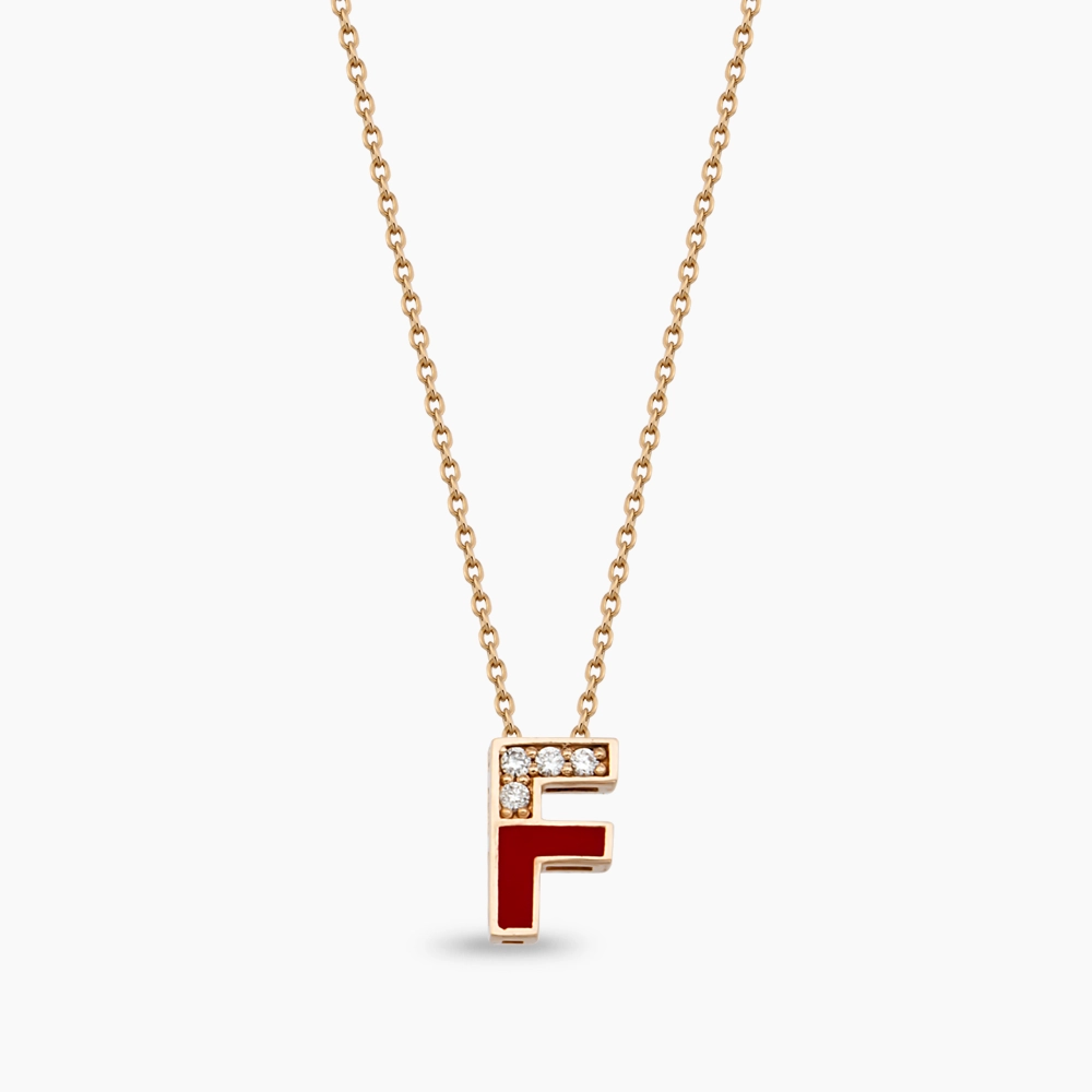 F Letter Diamond and Burgundy Rose Gold Pendant - 1