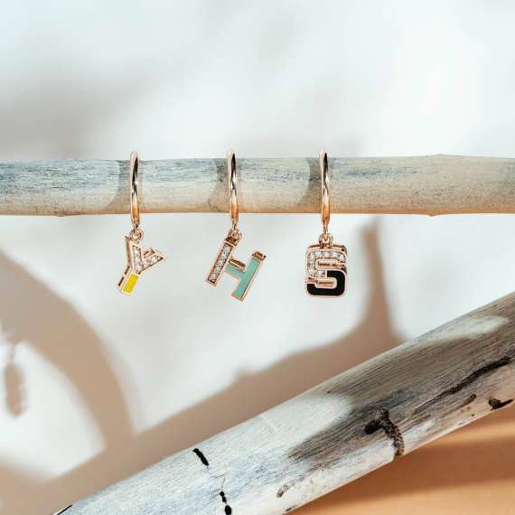 Green Enamel and Diamond H Letter Single Dangling Earring - 3