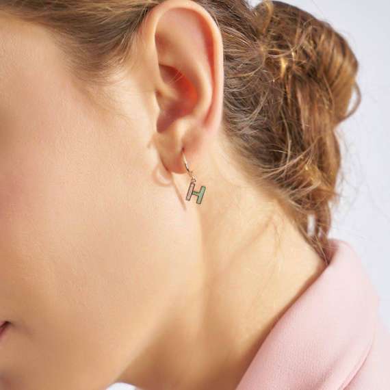 Green Enamel and Diamond H Letter Single Dangling Earring - 2