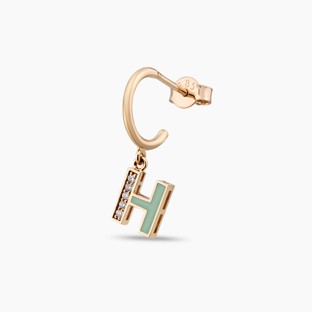 Green Enamel and Diamond H Letter Single Dangling Earring - 1