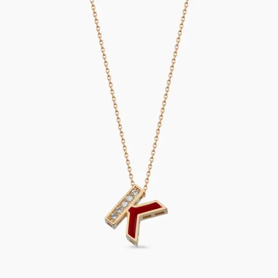 K Letter Diamond and Lily Enamel Rose Gold Necklace - 1