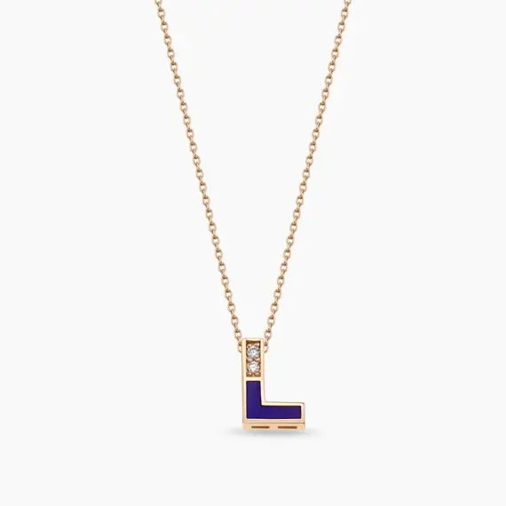 L Letter Diamond and Navy Blue Enamel Rose Gold Pendant - 1