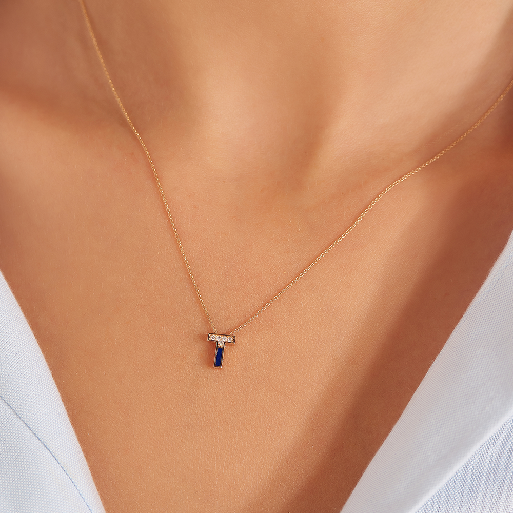 Letter T Diamond and Navy Blue Enamel Rose Gold Pendant - 2