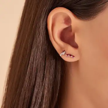 Loe Red Sapphire and Baguette Cut Diamond White Gold Single Earring - Nev Jewellery (1)
