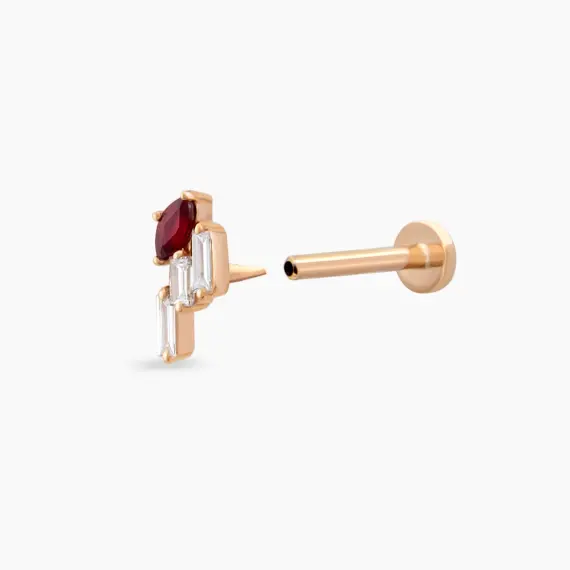 Loe Red Sapphire and Baguette Cut Diamond Rose Gold Piercing - 4