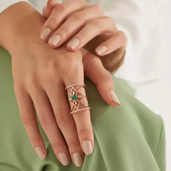 Loststar Emerald and Baguette Cut Diamond Rose Gold Ring - 1
