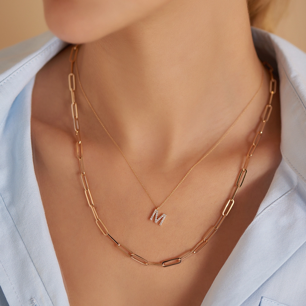 M Letter 0.15 CT Diamond Rose Gold Necklace - Nev Jewellery (1)