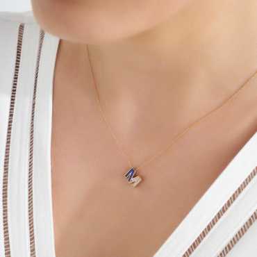 M Letter Diamond and Navy Blue Enamel Rose Gold Pendant - Nev Jewellery