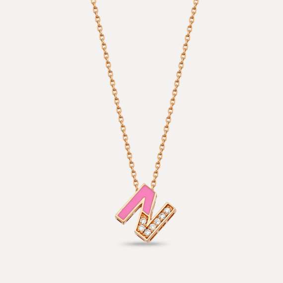 N Letter Diamond Pink Enamel Rose Gold Pendant - 1