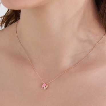N Letter Diamond Pink Enamel Rose Gold Pendant - Nev Jewellery (1)