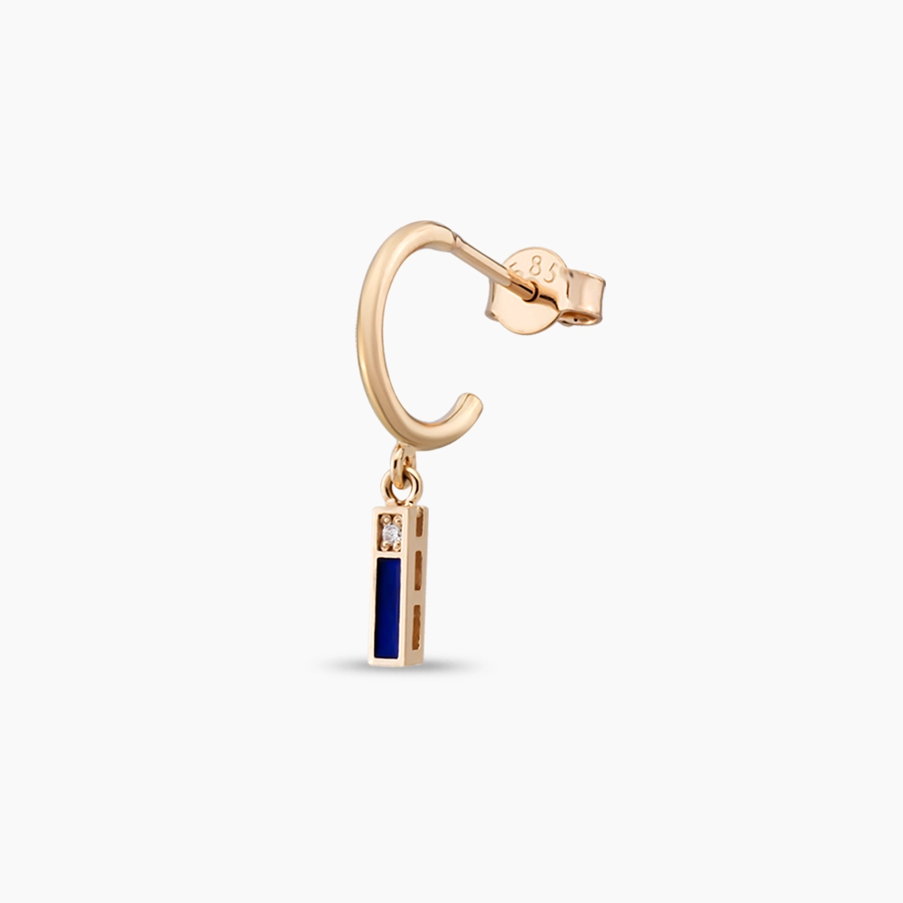 Navy Blue Enamel and Diamond İ Letter Single Dangling Earring - 1