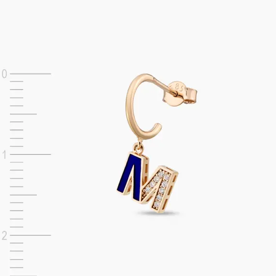 Navy Blue Enamel and Diamond M Letter Single Dangling Earring - 3