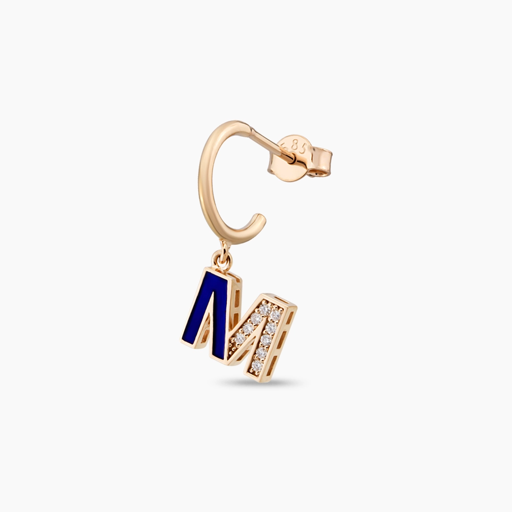 Navy Blue Enamel and Diamond M Letter Single Dangling Earring - 1