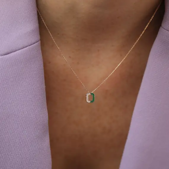 O Letter Diamond and Pink Enamel Rose Gold Necklace - 2