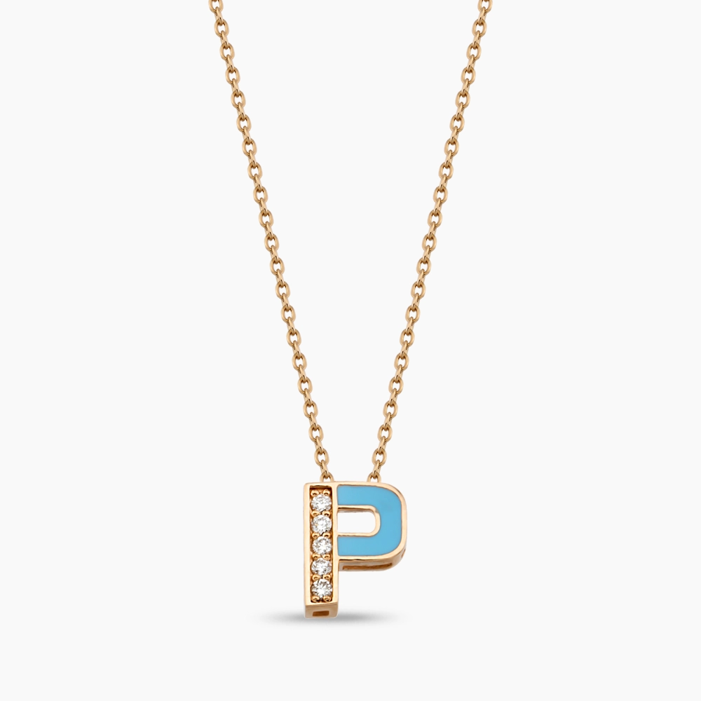P Letter Diamond and Blue Enamel Rose Gold Pendant - 1