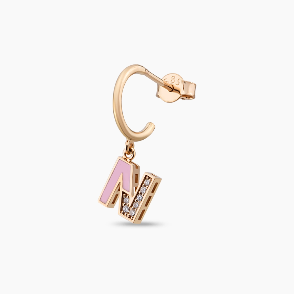 Pink Enamel and Diamond N Letter Single Dangling Earring - 1