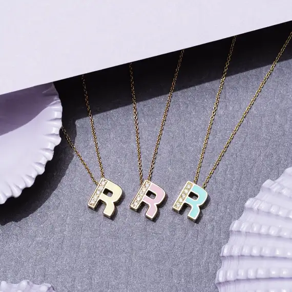 R Letter and Pink Enamel Rose Gold Pendant - 4