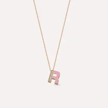 R Letter and Pink Enamel Rose Gold Pendant - Nev Jewellery (1)