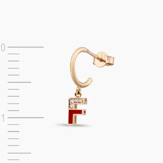 Red Enamel and Diamond F Letter Single Dangling Earring - 3