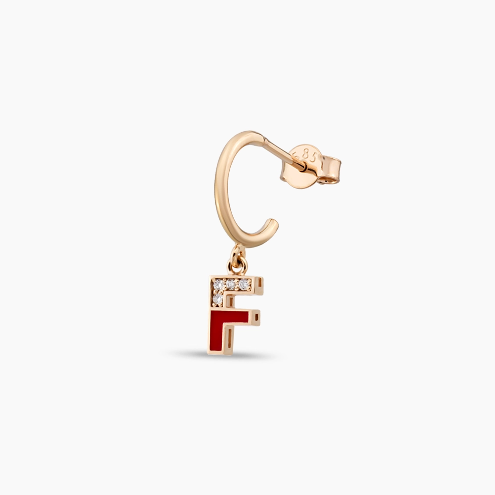 Red Enamel and Diamond F Letter Single Dangling Earring - Nev Jewellery (1)