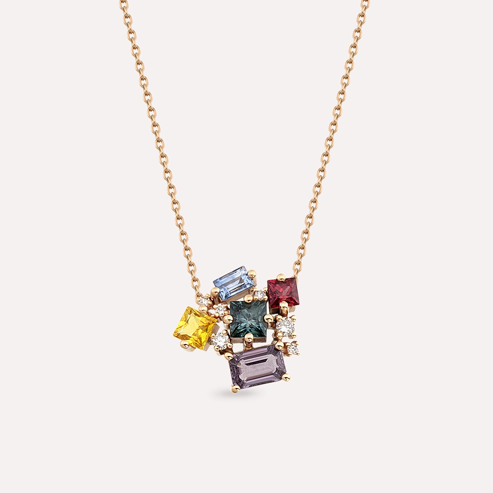 Rio 2.16 CT Multicolor Sapphire and Diamond Rose Gold Necklace - Nev Jewellery (1)