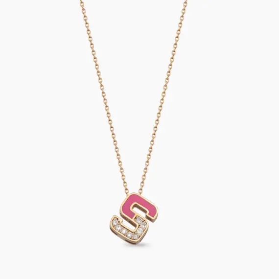 S Letter Diamond and Pink Enamel Rose Gold Necklace - 1