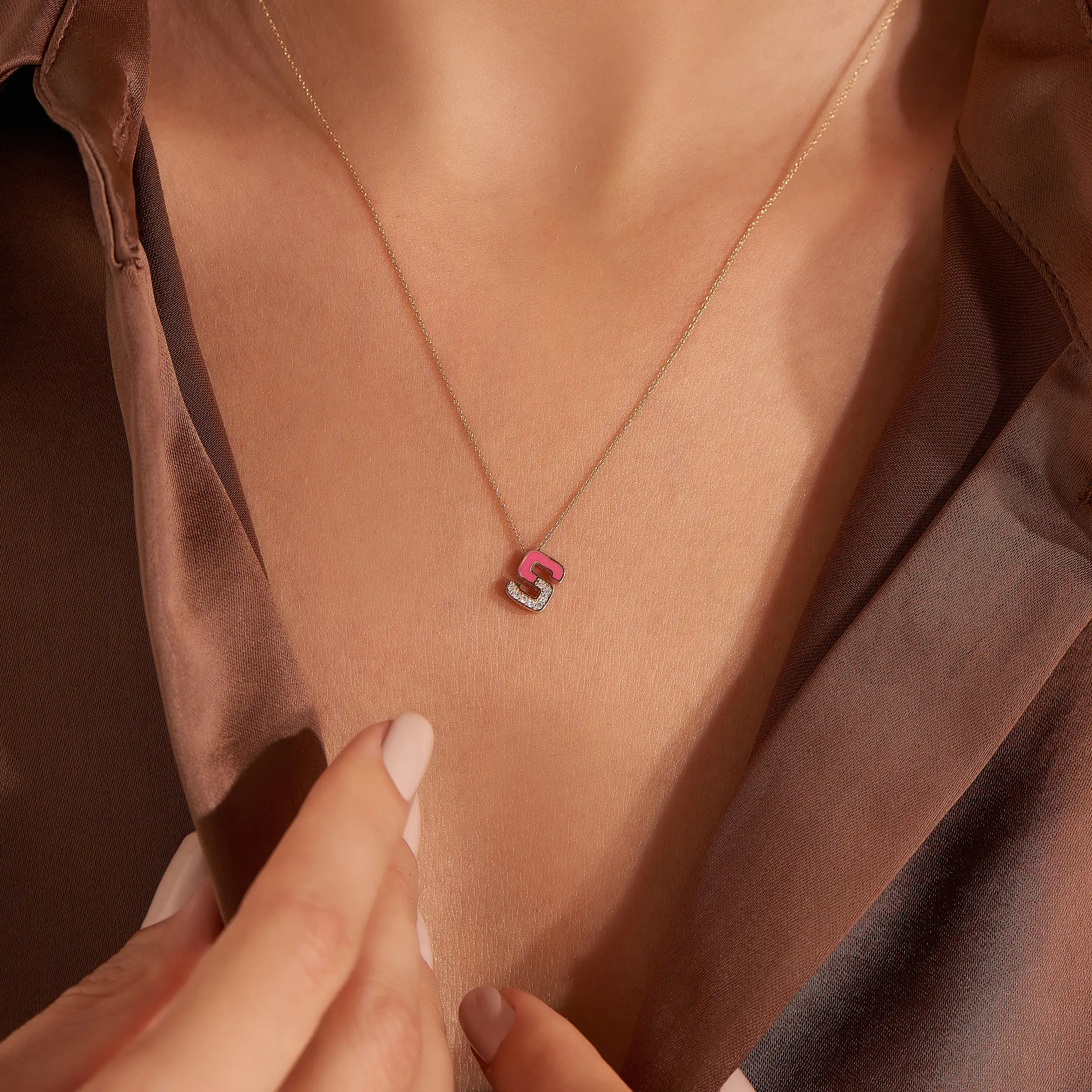 S Letter Diamond and Pink Enamel Rose Gold Necklace - Nev Jewellery (1)