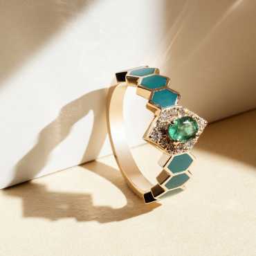 Sargas 0.41 CT Emerald and Diamond Green Enamel Ring - Nev Jewellery