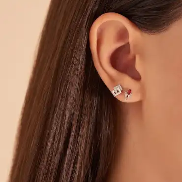 Sole Red Sapphire and Baguette Cut Diamond White Gold Single Earring - Nev Jewellery (1)