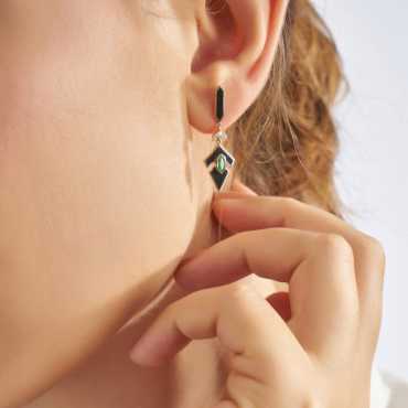 Star Eye 0.37 CT Emerald and Diamond Black Enamel Earring - Nev Jewellery (1)