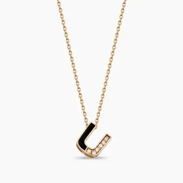 U Letter Diamond and Black Enamel Rose Gold Necklace - Nev Jewellery (1)