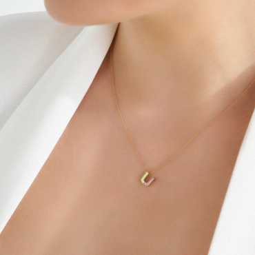 U Letter Diamond and Green Enamel Rose Gold Pendant - Nev Jewellery