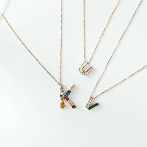 U Letter Diamond and Green Enamel Rose Gold Pendant - 4
