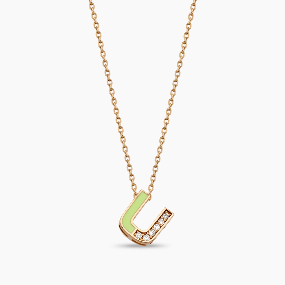 U Letter Diamond and Green Enamel Rose Gold Pendant - 1