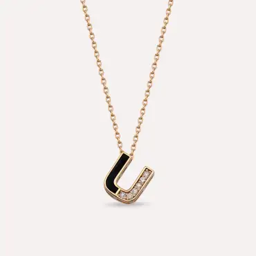 U Letter Diamond and Pink Enamel Rose Gold Necklace - Nev Jewellery (1)