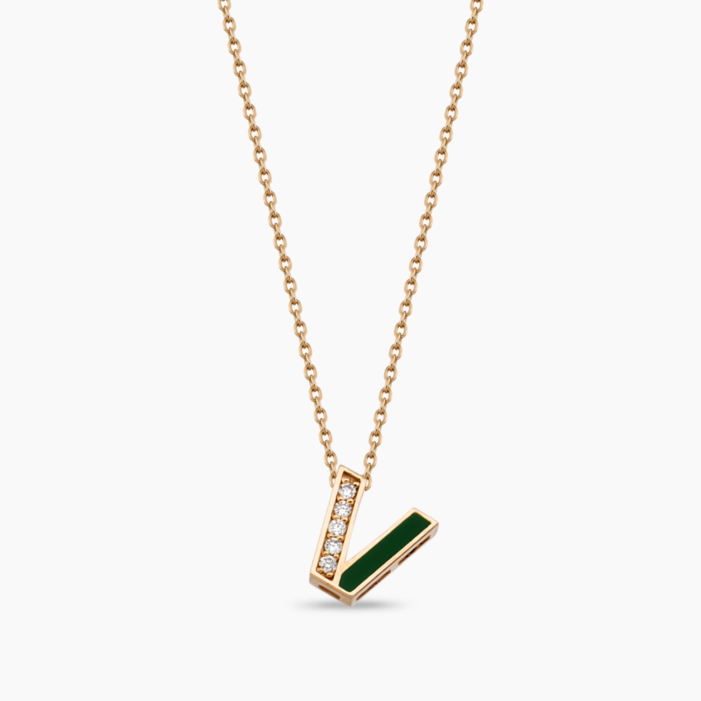 V Letter Diamond and Green Enamel Rose Gold Pendant - Nev Jewellery (1)