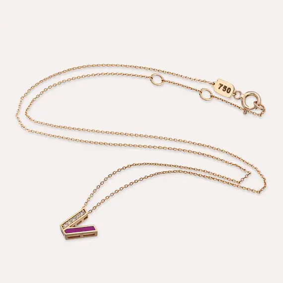 V Letter Diamond and Pink Enamel Rose Gold Necklace - 3