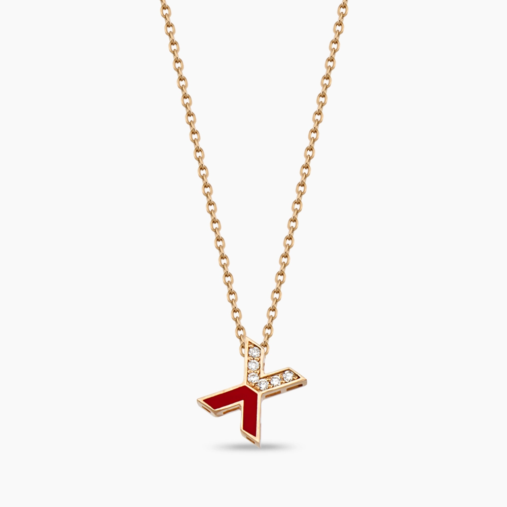 X Letter Diamond and Red Enamel Rose Gold Pendant - 1
