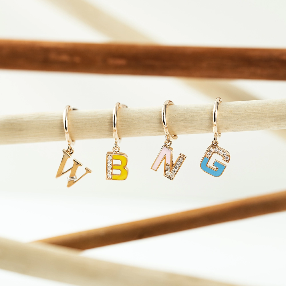 Yellow Enamel and Diamond B Letter Single Dangling Earring - Nev Jewellery (1)