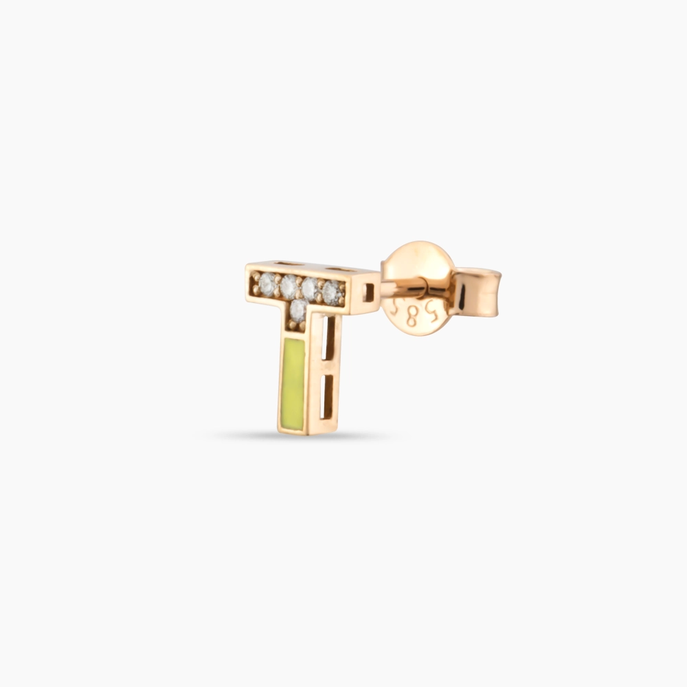 Yellow Enamel and Diamond T Letter Single Earring - 1