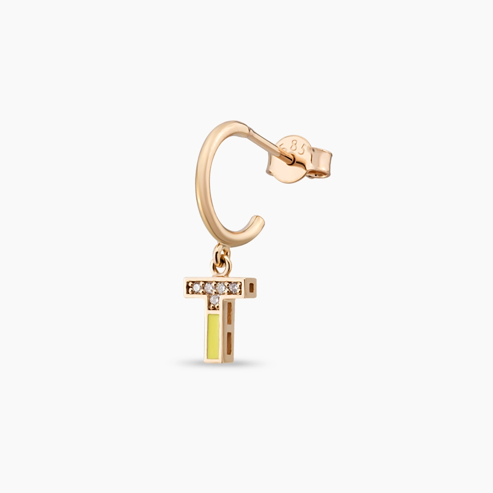 Yellow Gold and Diamond T Letter Single Dangling Earring - 1