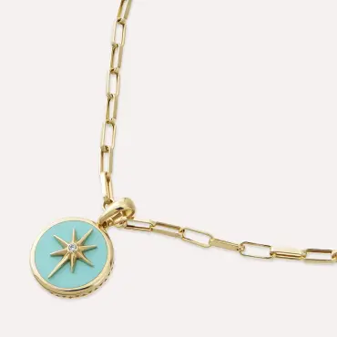 Yellow Gold Pole Star Necklace with Turquoise Enamel - Nev Jewellery (1)