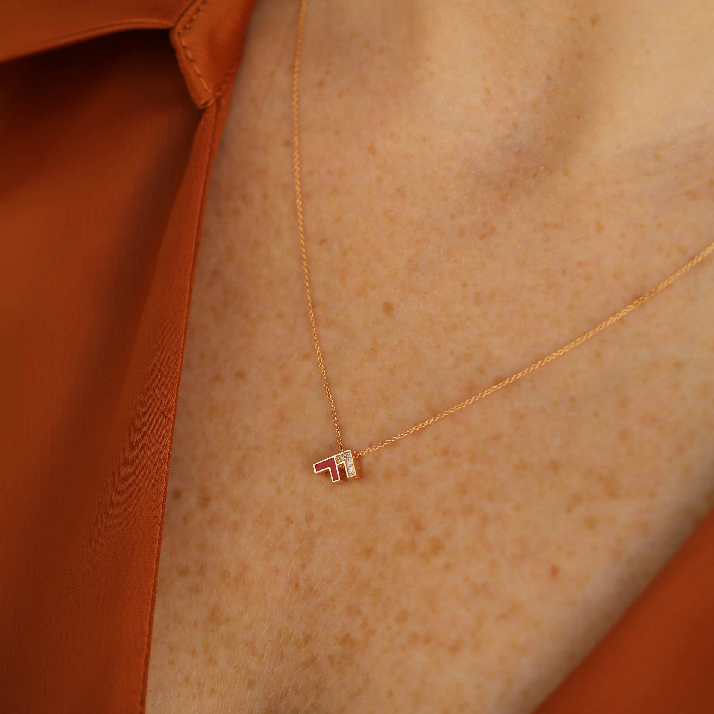 F Letter Diamond and Burgundy Rose Gold Pendant - Nev Jewellery (1)