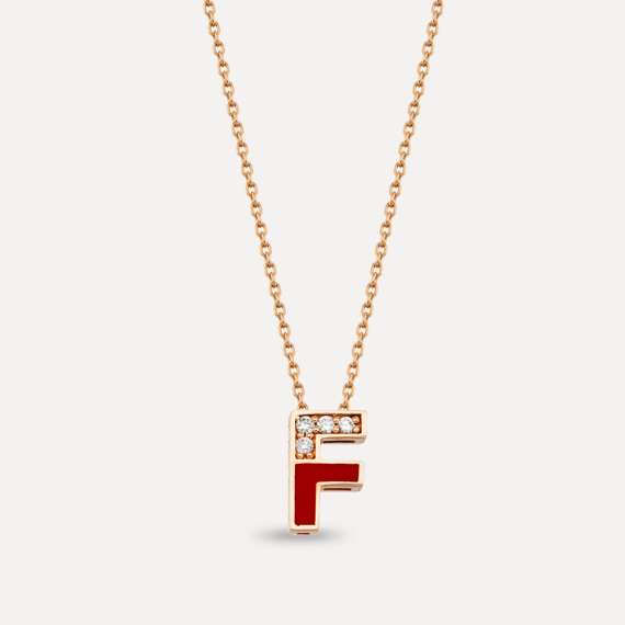 F Letter Diamond and Burgundy Rose Gold Pendant - 1