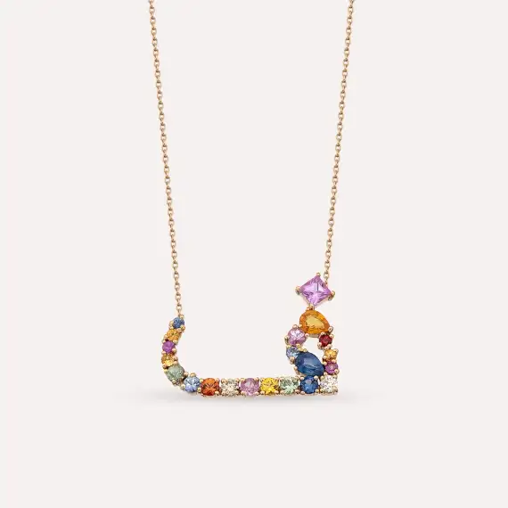 ف Fe Letter 1.48 CT Diamond and Multicolor Sapphire Rose Gold Necklace - 1