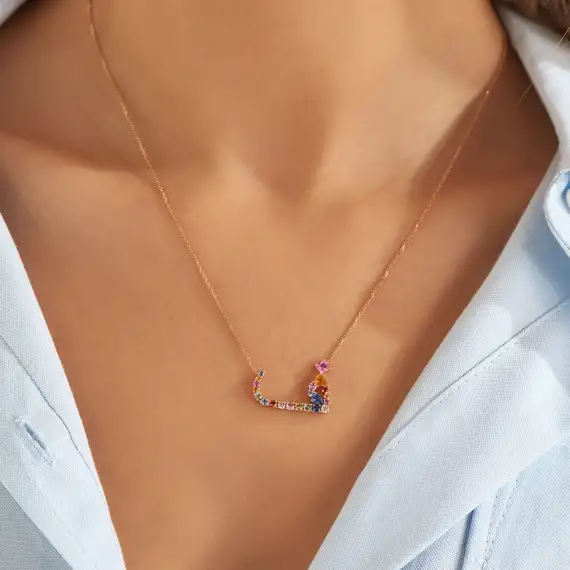 ف Fe Letter 1.48 CT Diamond and Multicolor Sapphire Rose Gold Necklace - 2