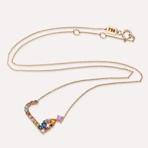 ف Fe Letter 1.48 CT Diamond and Multicolor Sapphire Rose Gold Necklace - 3