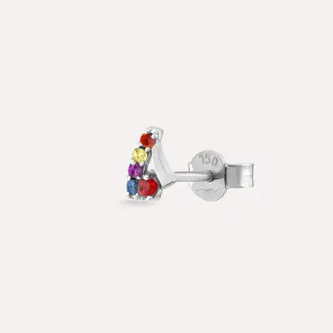 Fey Multicolor Safir Taşlı Beyaz Altın Tek Küpe - Nev Jewellery (1)
