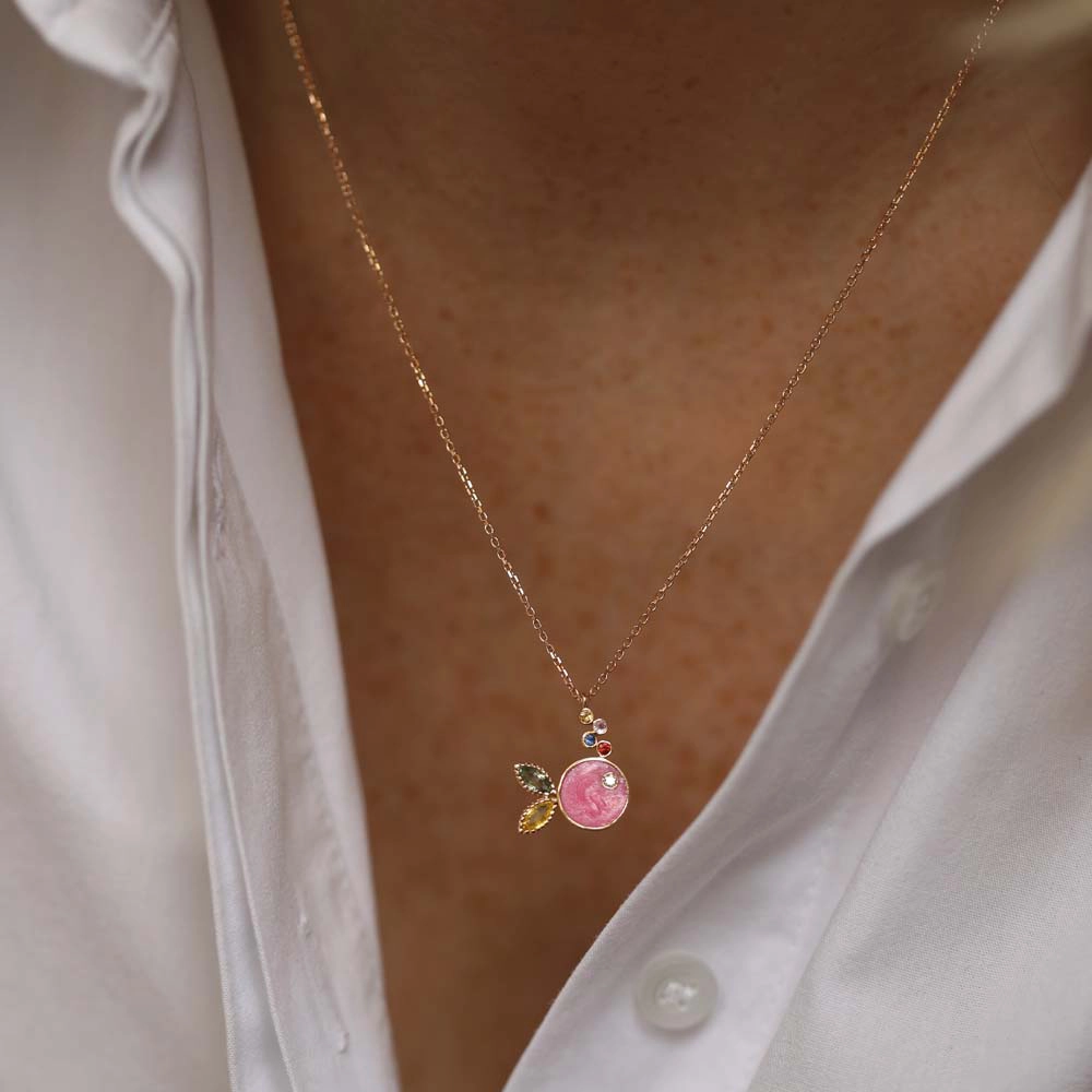 Fish 0.45 CT Multicolor Safir Taşlı ve Pembe Mineli Rose Altın Kolye - Nev Jewellery (1)