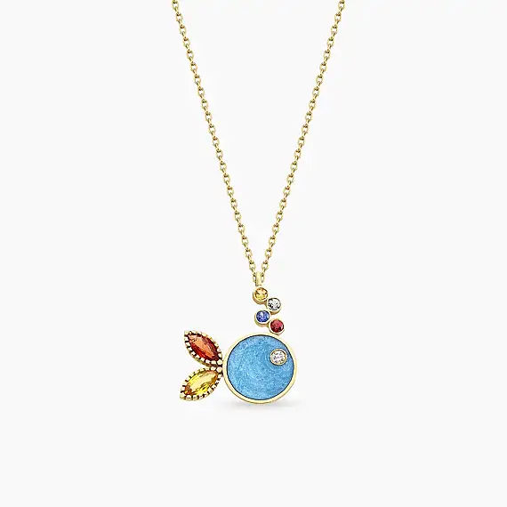 Fish Multicolor Safir ve Pırlanta Taşlı Sarı Altın Mavi Mineli Balık Kolye - 1